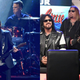 A collection of musicians and, on the right, Mötley Crüe.